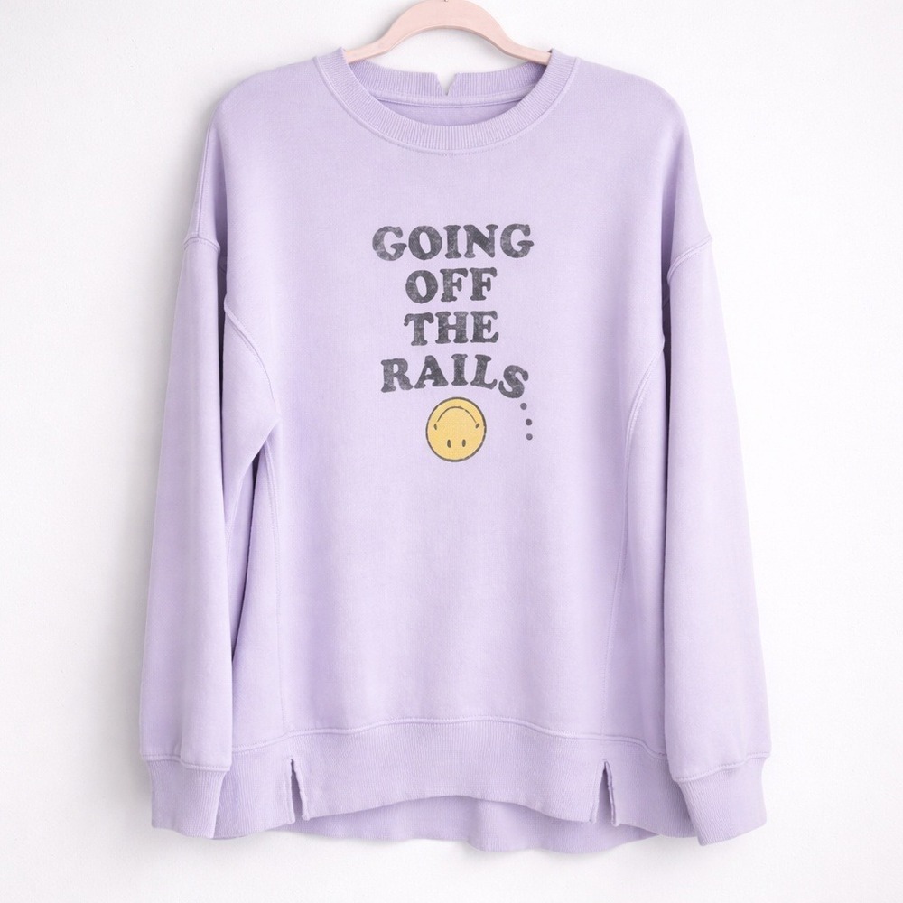 AERIE New Oversized Going off the Rails Purple Crewneck Sweatshirt SZ Small Cozy - Picture 11 of 11